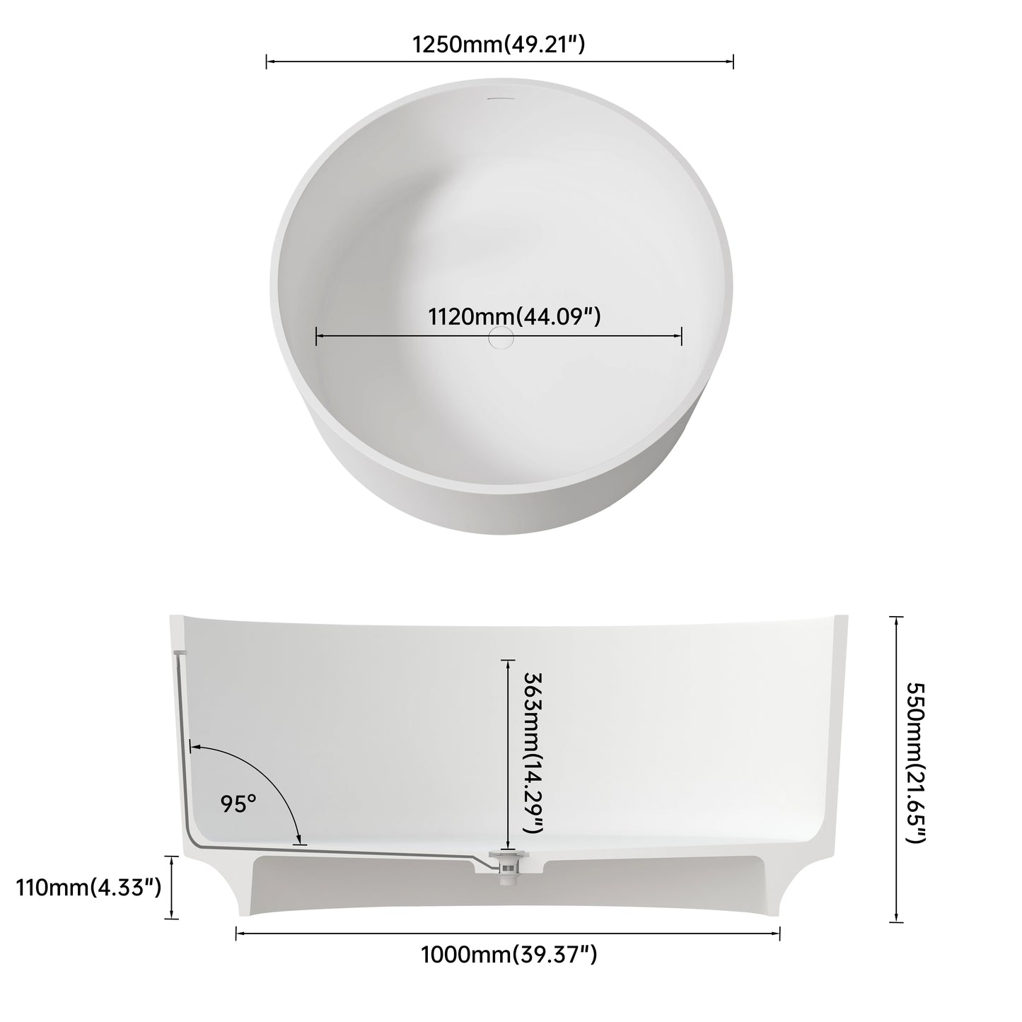 49" Elegant Round Free Standing Soaking Bathtub