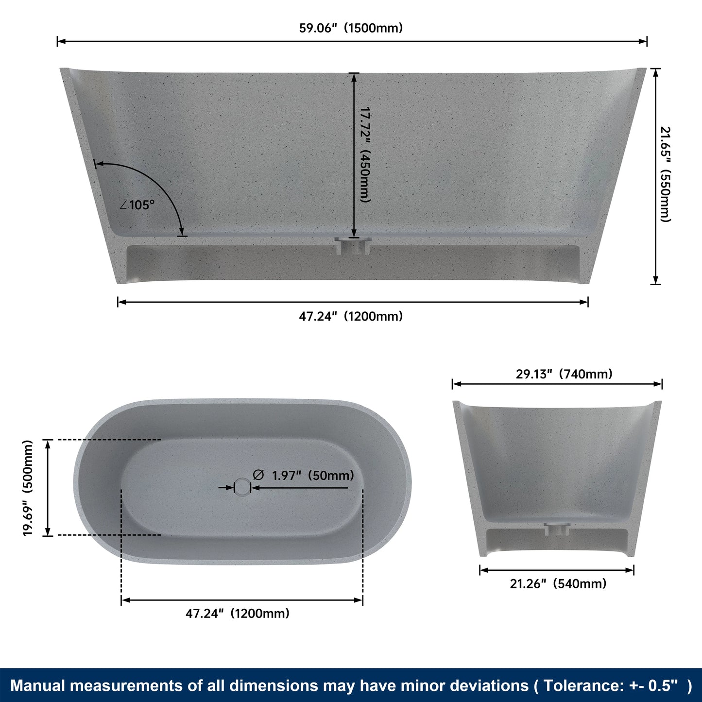 59" Modern Luxury Terrazzo Gary Concrete Freestanding & Shower Bathtub