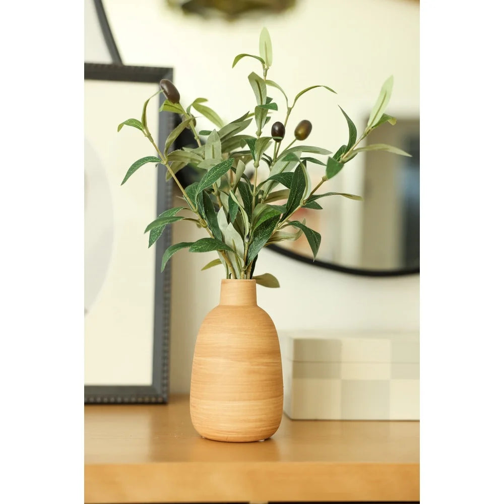 Wood Finish Vase Office Décor Artificial Foliage