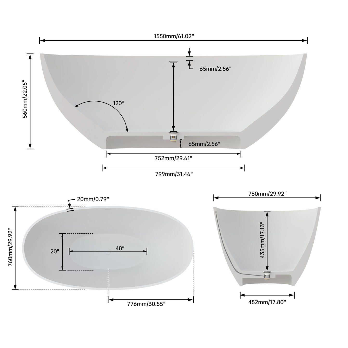 61" Oval Matte Pink Stone Resin Freestanding Bathtub