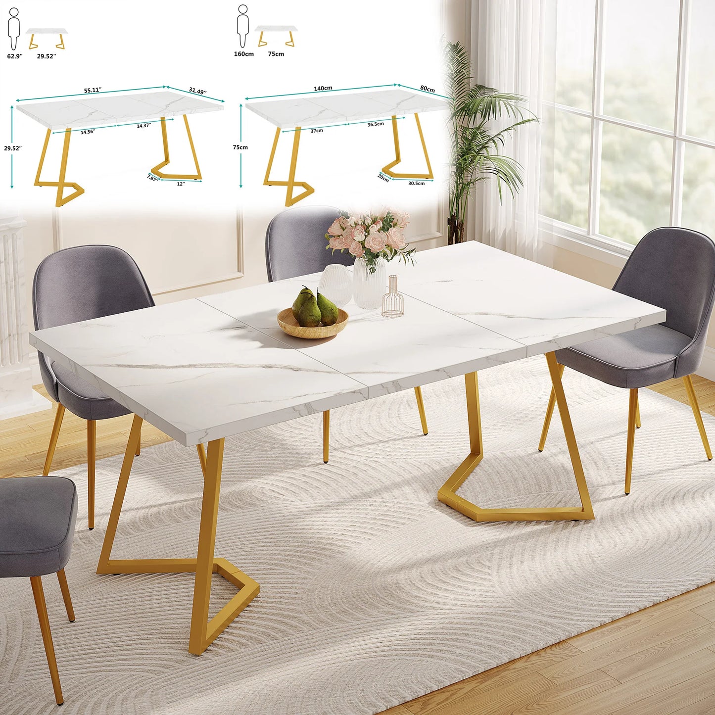 63 " Modern Faux Marble Rectangular Dining Table for 4 to 6