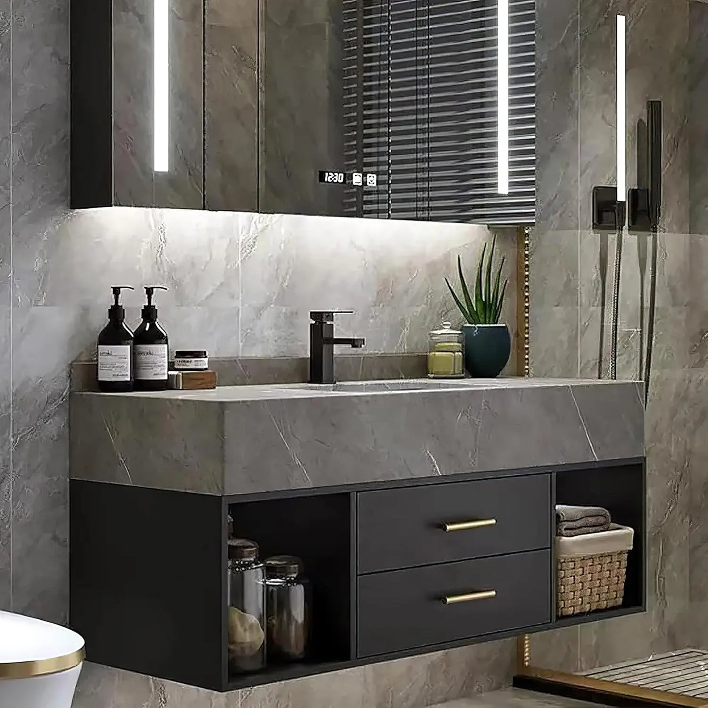 Modern Wall-Mounted White Stone Sink Vanity
