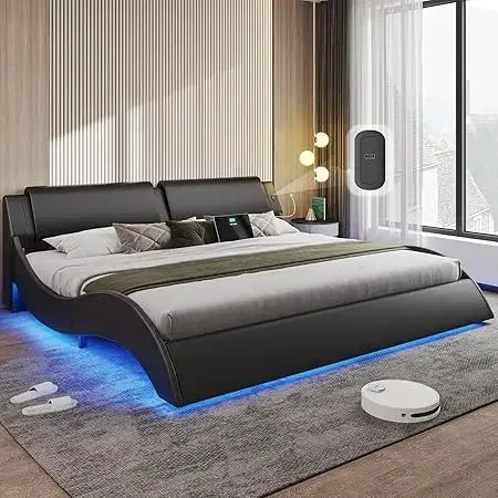 California King Leather Platform Bed Frame w/ Led Lights