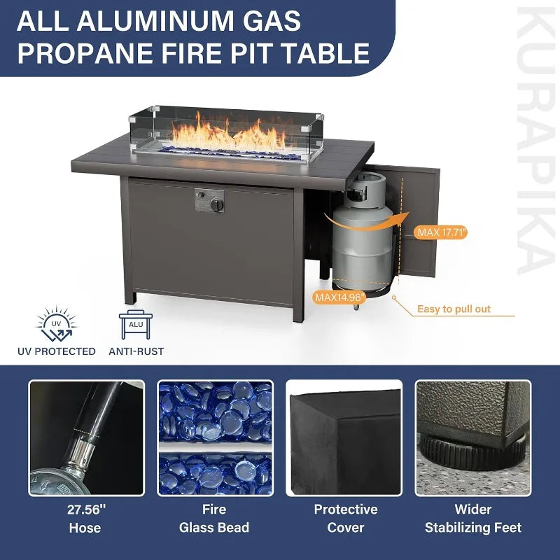Modern Metal Patio Furniture 8-Seat w/45in Propane Fire Pit