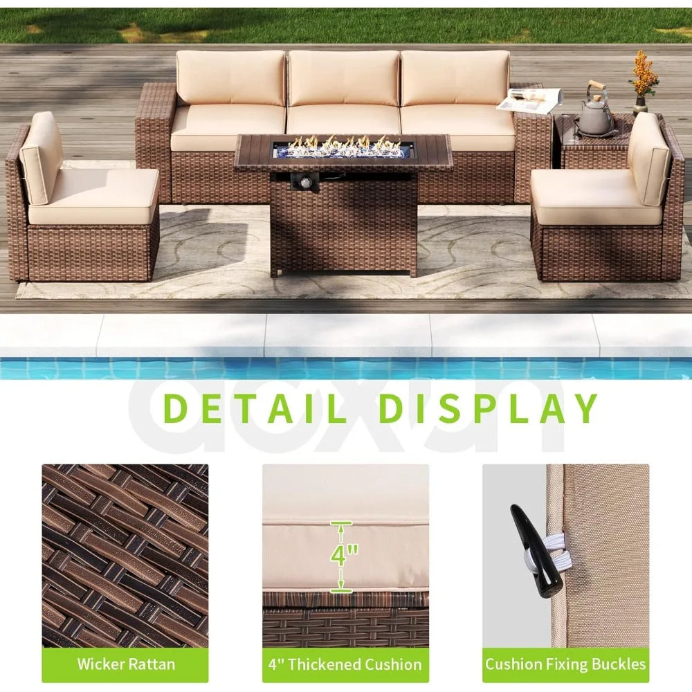 7 Piece Outdoor Wicker Patio Furniture Set with 44 " Fire Pit Table