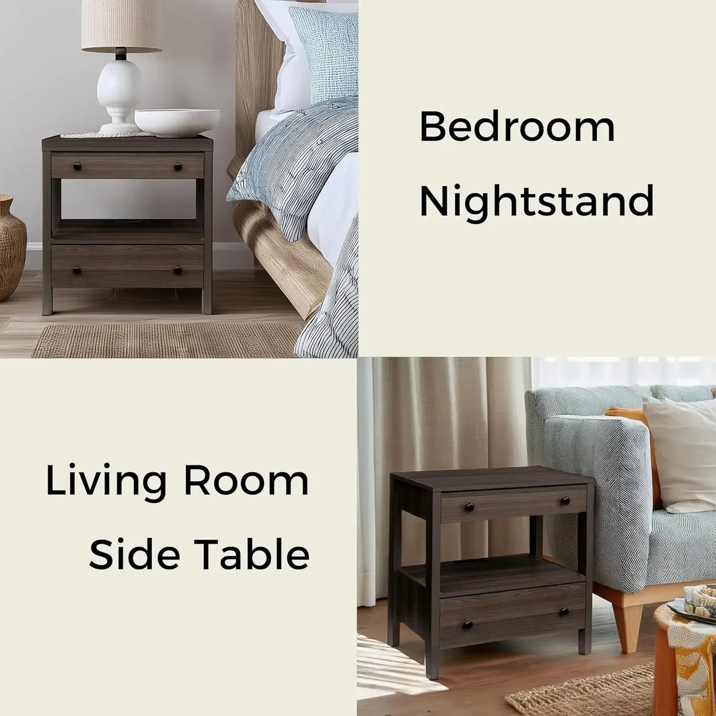 Modern 2 Drawer Wooden Nightstand with Charging Station