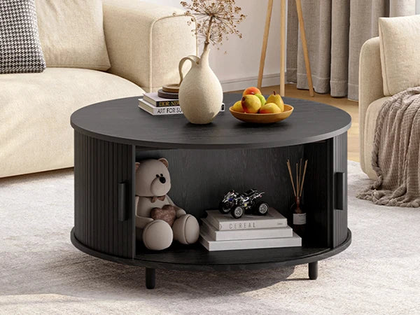 Round Fluted Wood Coffee Table with Storage