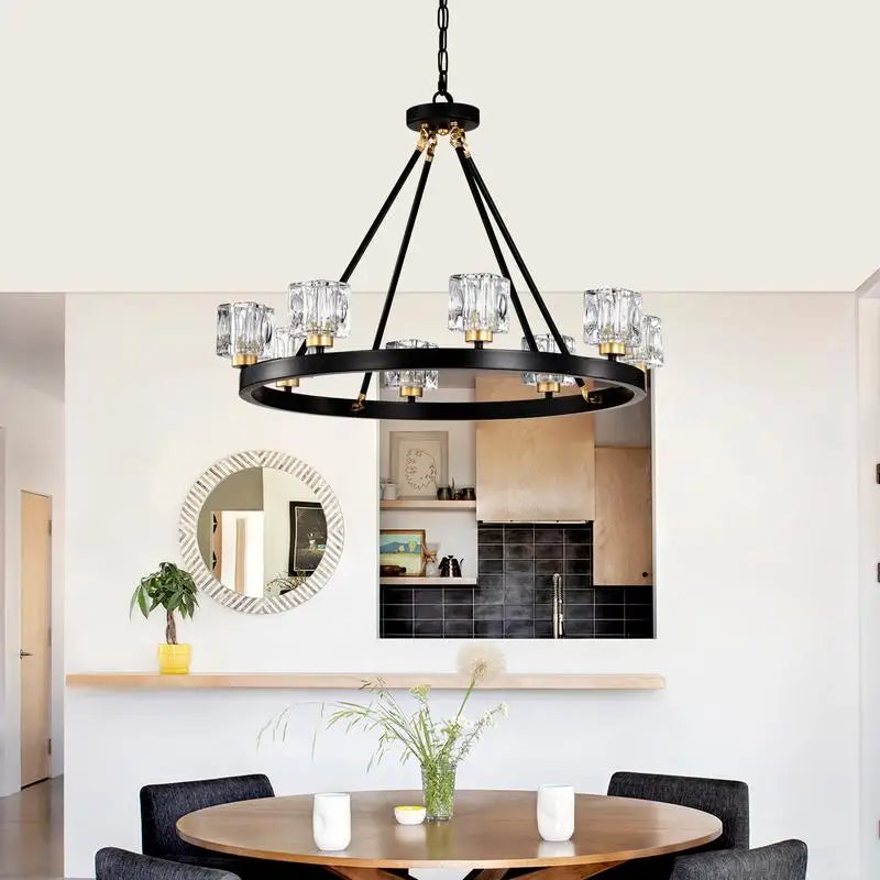 Matte Black & Gold Wagon Wheel Chandelier
