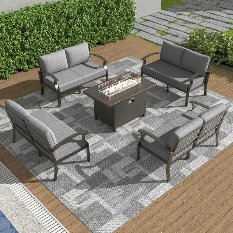 Modern Metal Patio Furniture 8-Seat w/45in Propane Fire Pit