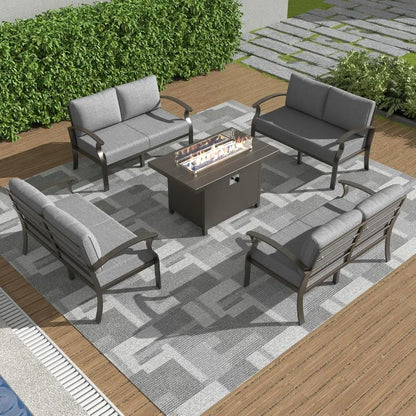 Modern Metal Patio Furniture 8-Seat w/45in Propane Fire Pit