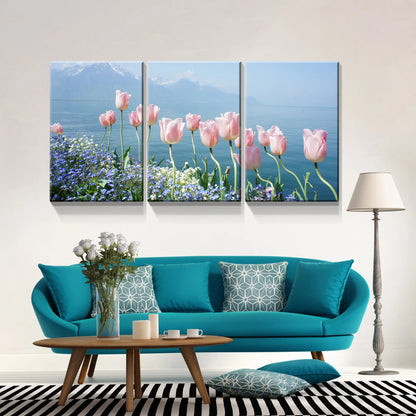 3 Panels Framed Pink Tulip Beside Sea Canvas Wall Art