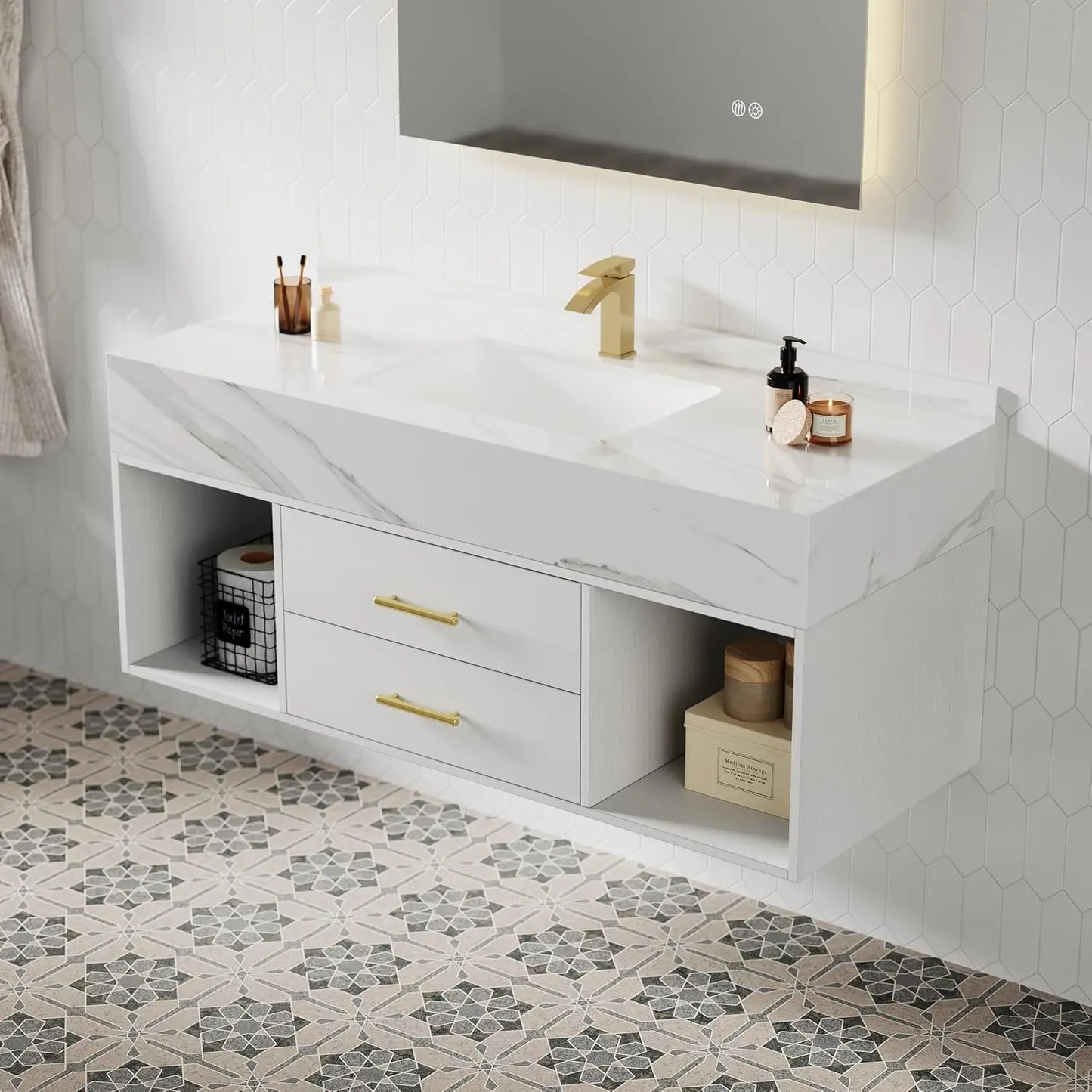 Modern Wall-Mounted White Stone Sink Vanity