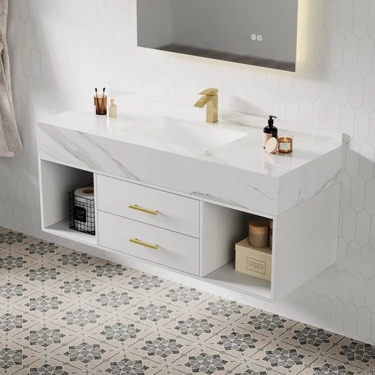 Modern Wall-Mounted White Stone Sink Vanity