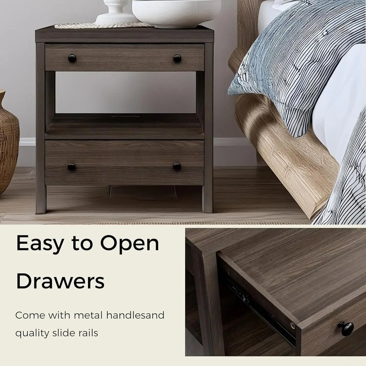 Modern 2 Drawer Wooden Nightstand with Charging Station