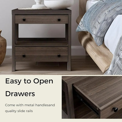 Modern 2 Drawer Wooden Nightstand with Charging Station