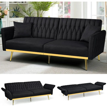 70” Velvet Futon Sofa Bed with 2 Pillows and Adjustable Armrests