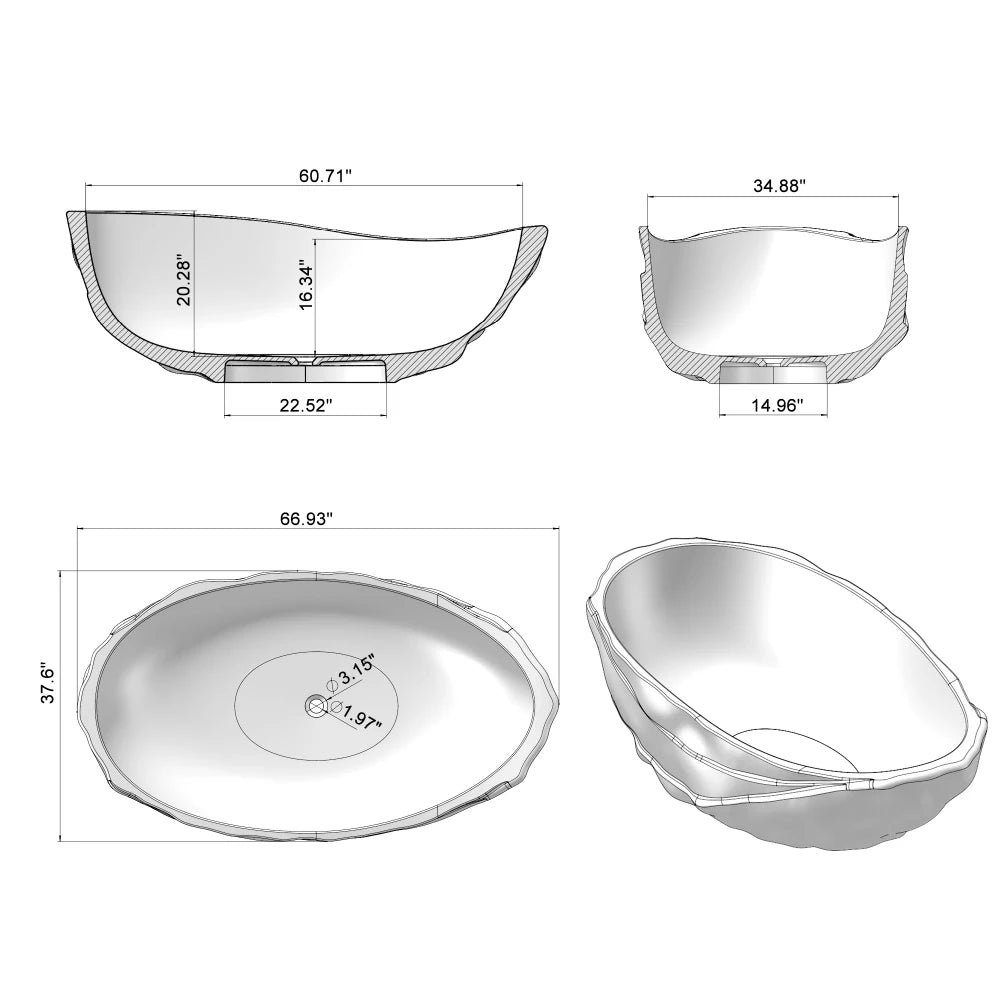 67" Freestanding Solid Surface Soaking Bathtub