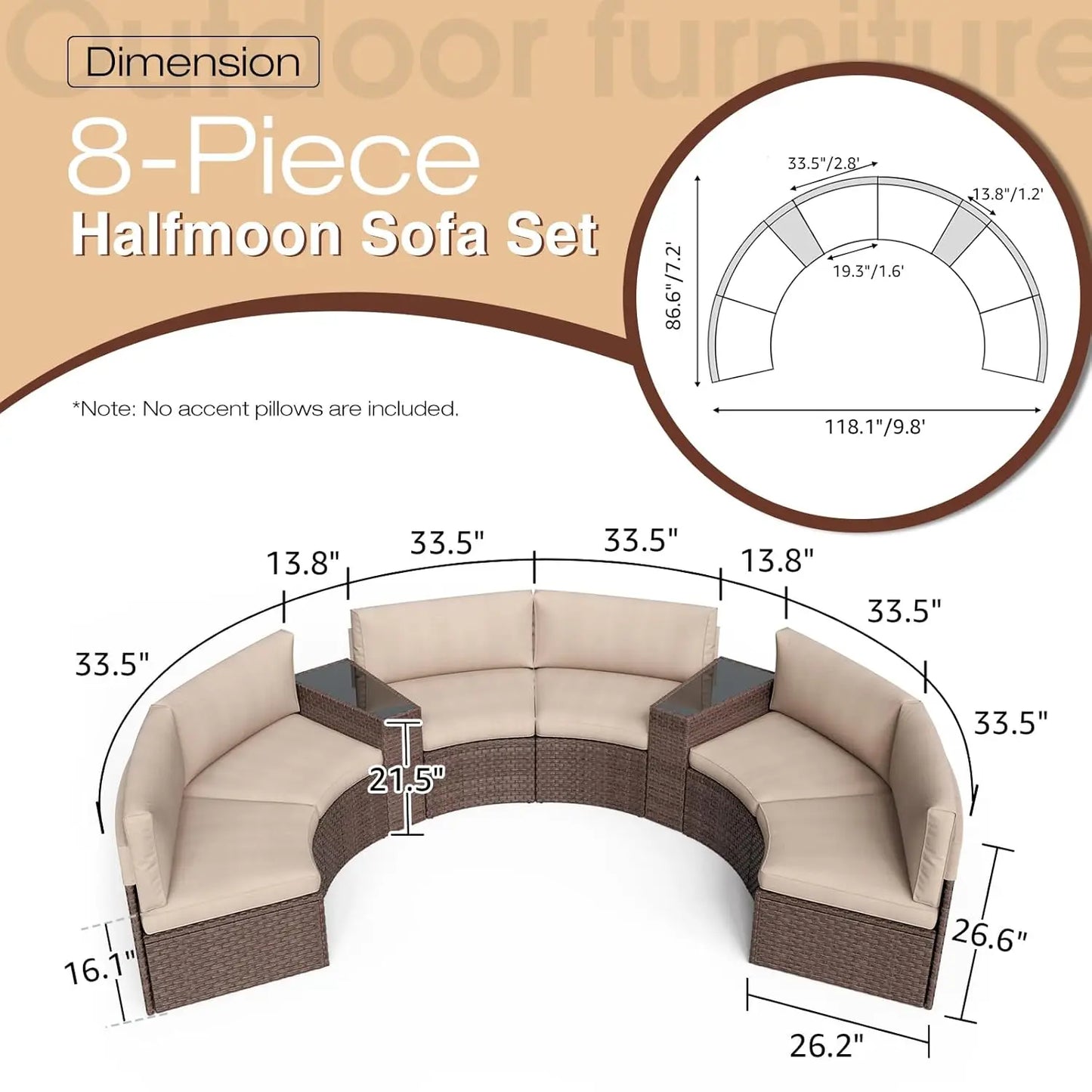 8-Piece Outdoor Half Moon Curved Patio Furniture Sofa Set