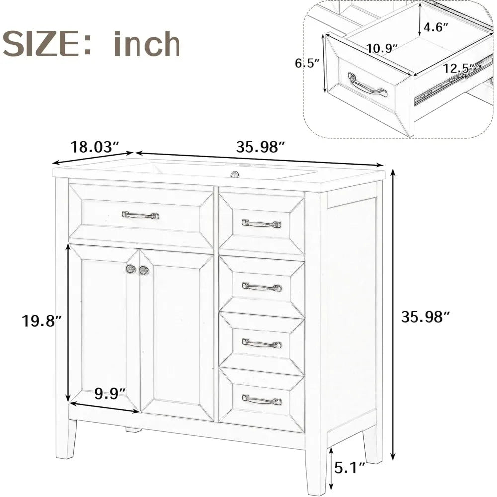 36" Free Standing Single Basin Vanity with 2 Doors Cabinet and 3 Drawers,