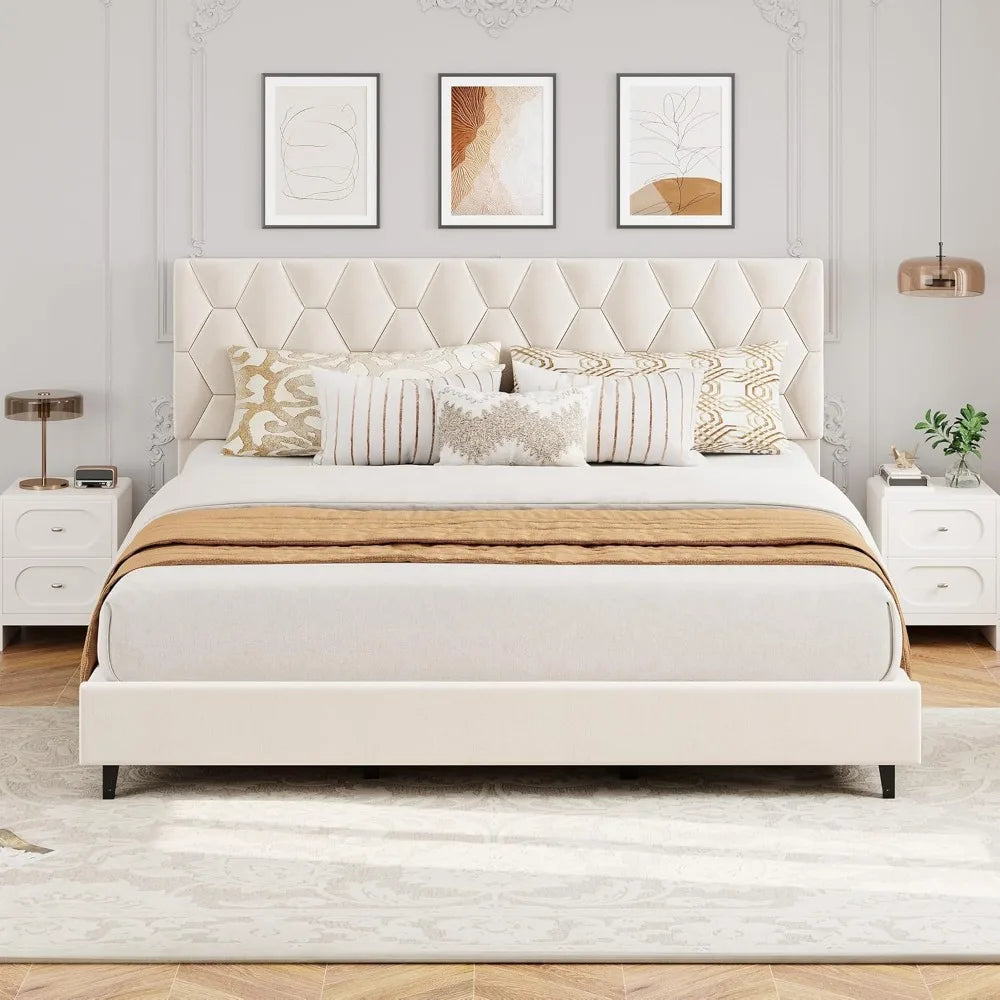 Beige King-Size Upholstered Headboard Bed Frame