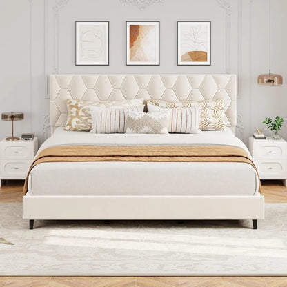 Beige King-Size Upholstered Headboard Bed Frame