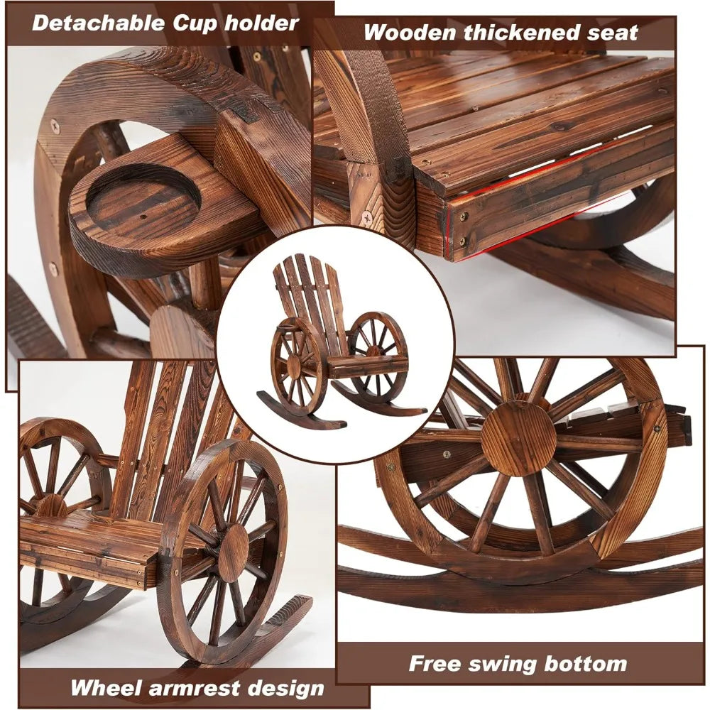 Outdoor Wooden Wagon Wheel Rocking Chairs Set