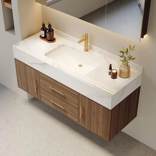39.3" Modern Wall-Mounted Floating Bathroom Vanity Set,  Vanity with Sintered Stone Countertop, Undermount Sink & Walnut Finish
