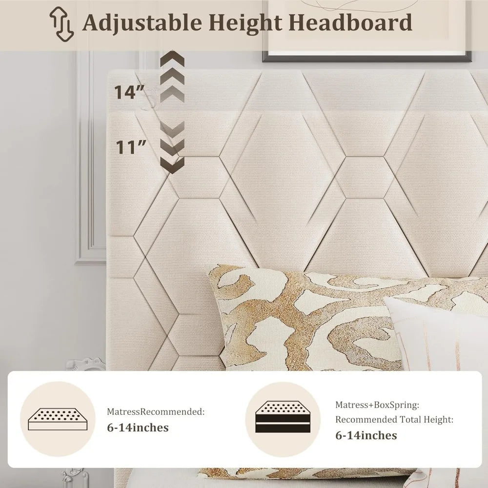 Beige King-Size Upholstered Headboard Bed Frame