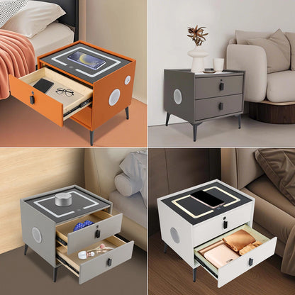 Modern 2-Drawer Smart Bedside Table with Wireless Charging USB Port Fingerprint Lock LED Light and Bluetooth Speaker for Bedroom