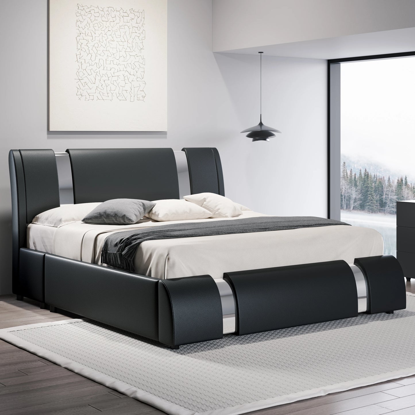 Modern Faux Leather Bed Frame with Iron