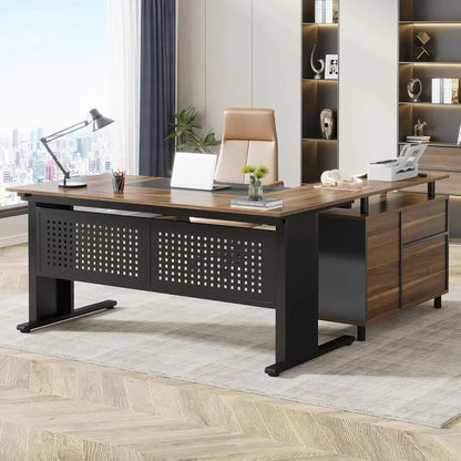 63" Executive L Shaped Office Desk with File Cabinet