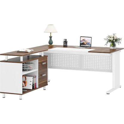 63" Executive L Shaped Office Desk with File Cabinet