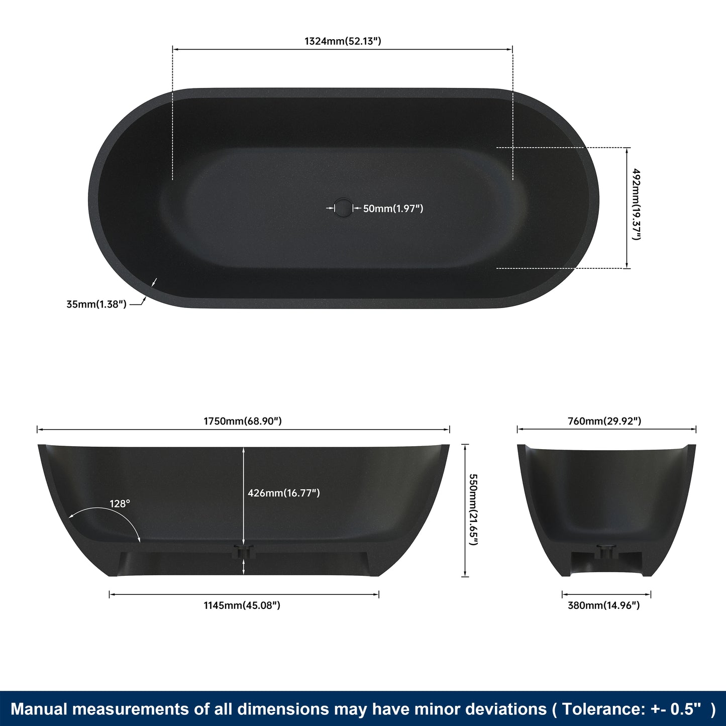 69" Luxury Terrazzo Concrete Freestanding & Shower Bathtub