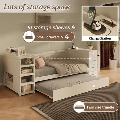 White Wooden Twin Size Daybed with  Storage Drawers