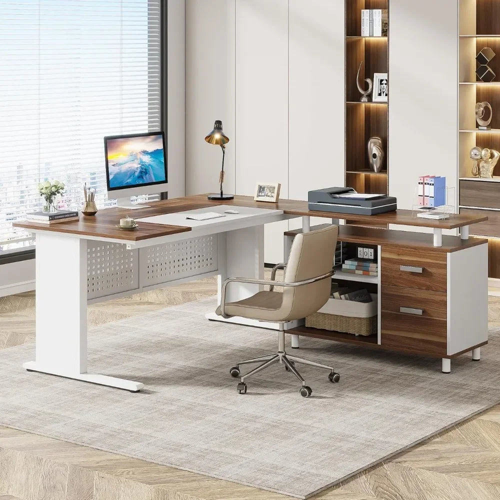 63" Executive L Shaped Office Desk with File Cabinet