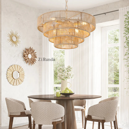 24" Rustic 5-Tier Black Hemp Rope Pendant Light Chandelier