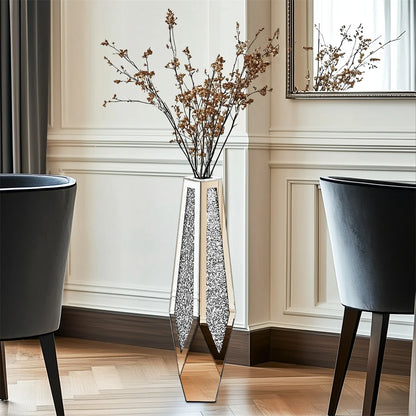34” Tall Standing Crushed Diamond Mirrored Silver Glass Decorative Flower Vase
