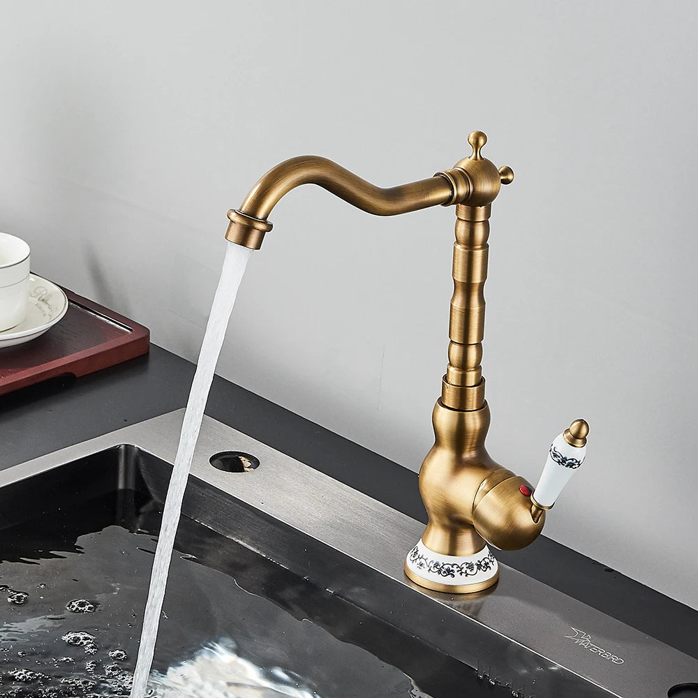 Antique Brass Rotating Spout Bathroom Faucet