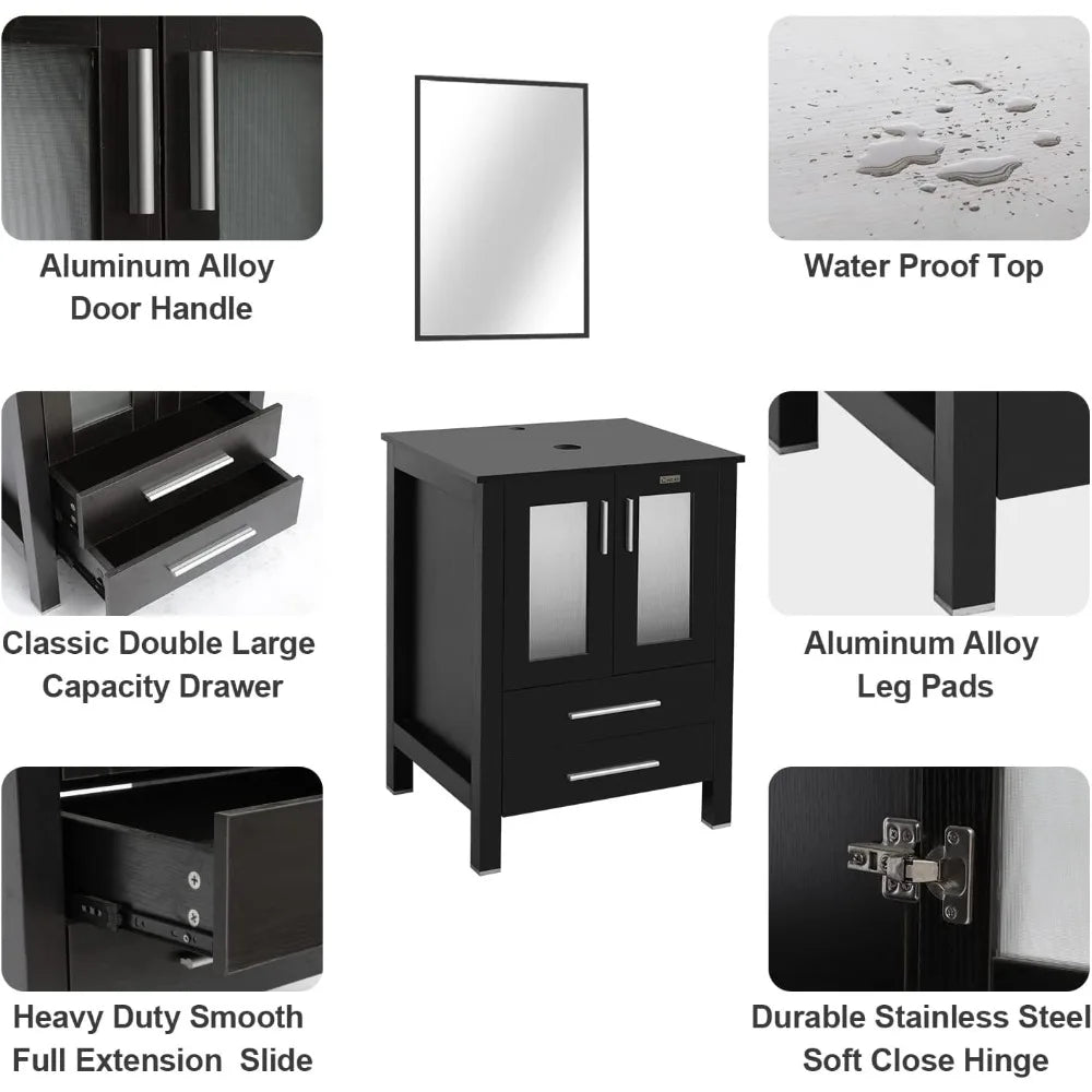 24" Modern Freestanding Blue Boat Glass Sink Combo Cabinet