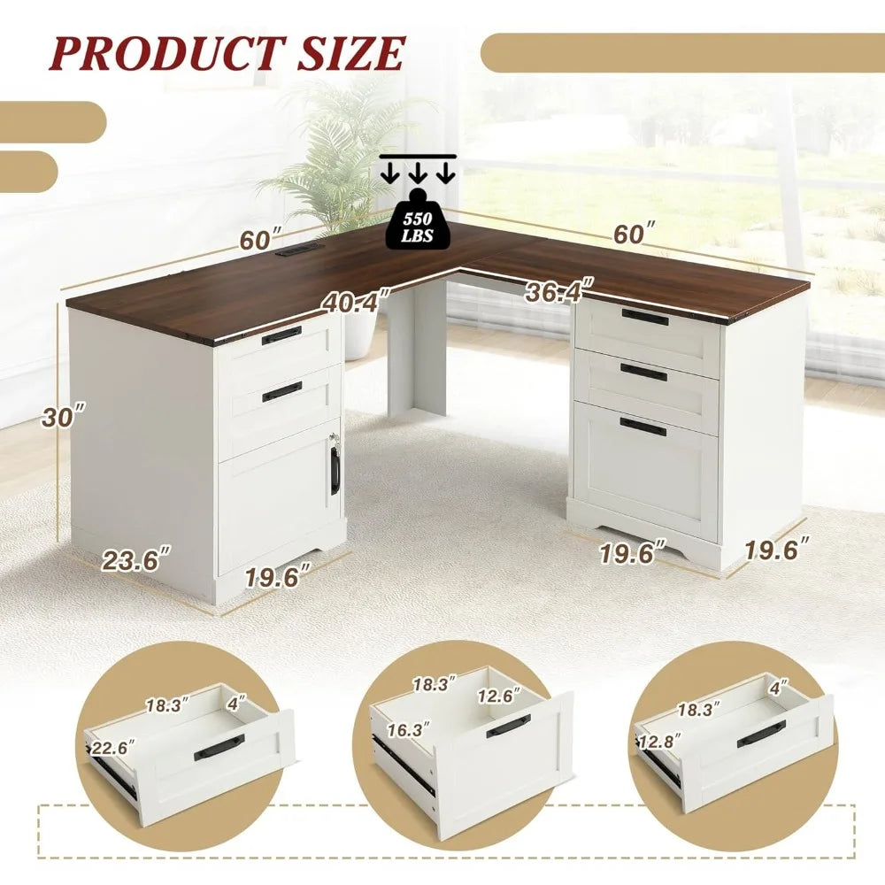 Farmhouse L Shaped Office Desk with Drawers