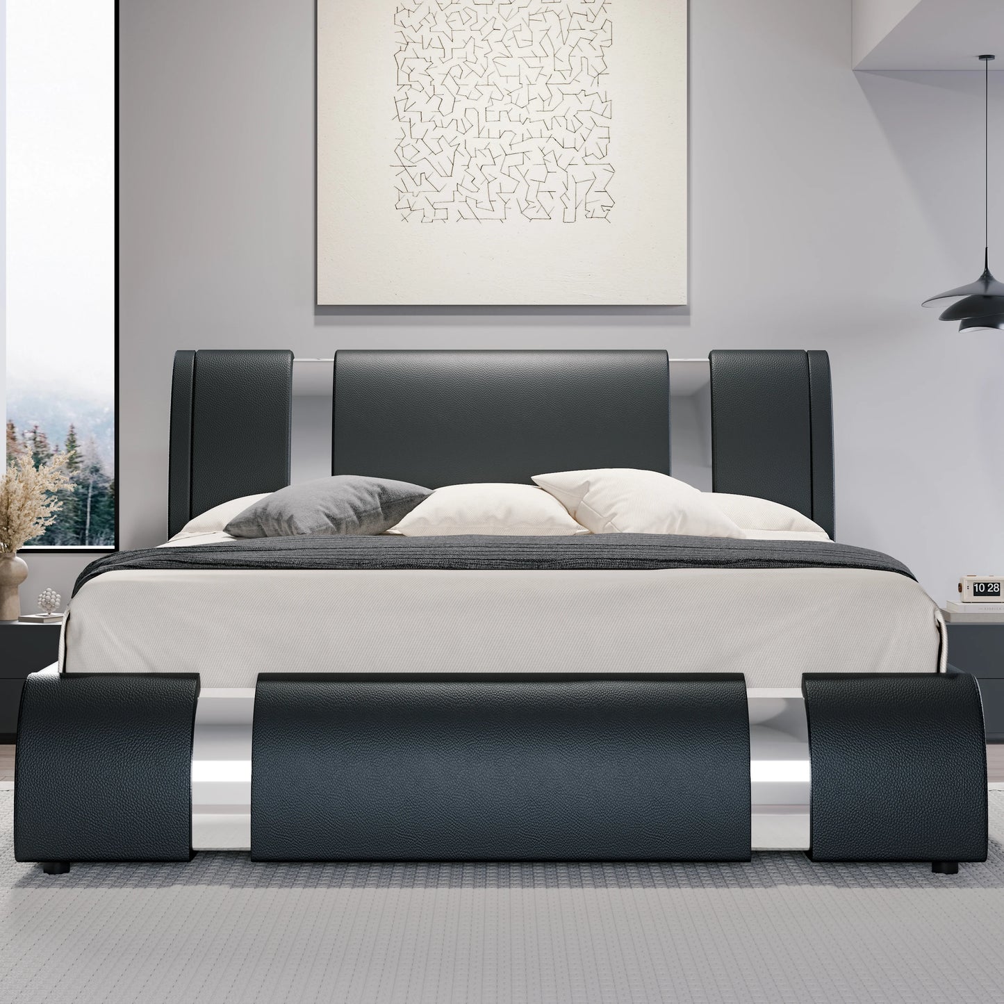 Modern Faux Leather Bed Frame with Iron