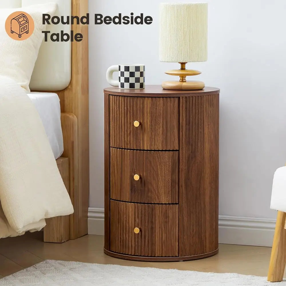 2-Piece Walnut Round Nightstand End Table with 3 Storage Drawers, 15.75 for Living Room,  Drawer for Bedroom,  Sofa Side Table Set