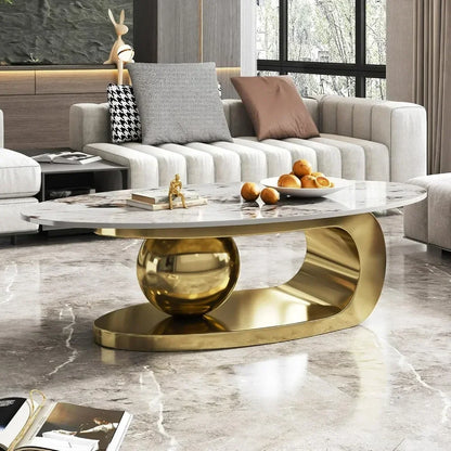 Modern Oval Stone Coffee Table with Abstract Gold Metal Base