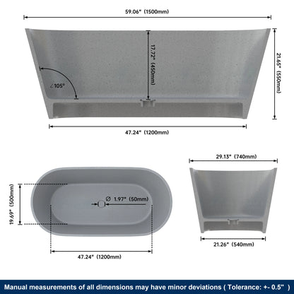 59" Modern Luxury Terrazzo Gary Concrete Freestanding & Shower Bathtub