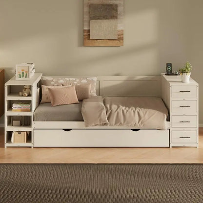 White Wooden Twin Size Daybed with  Storage Drawers