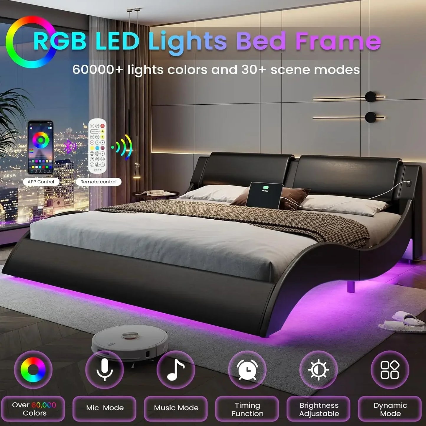 California King  Leather Platform Bed Frame w/ Led Lights