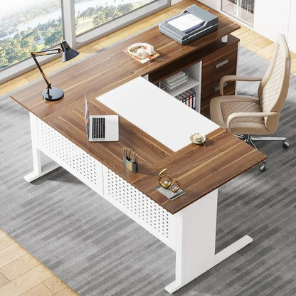 63" Executive L Shaped Office Desk with File Cabinet