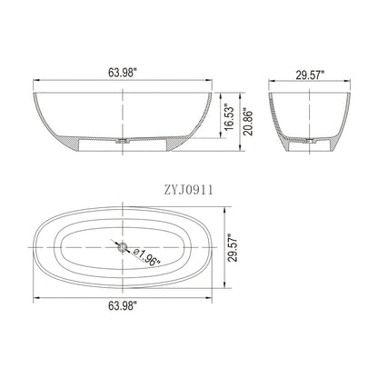 64" Blue Acrylic Freestanding Soaking Bathtub