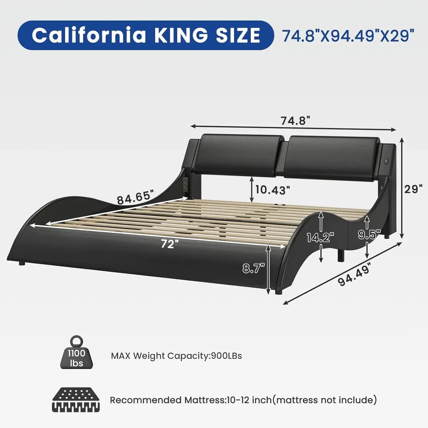 California King  Leather Platform Bed Frame w/ Led Lights