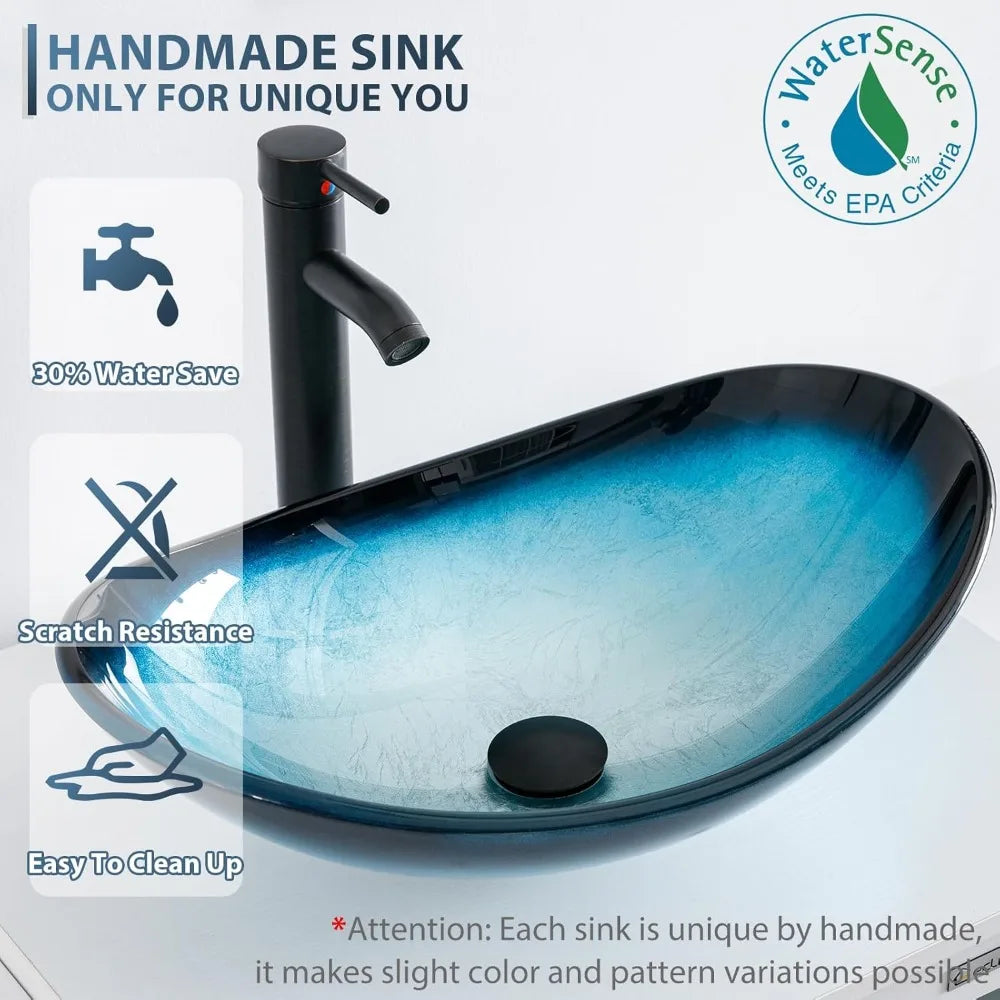 24" Modern Freestanding Blue Boat Glass Sink Combo Cabinet